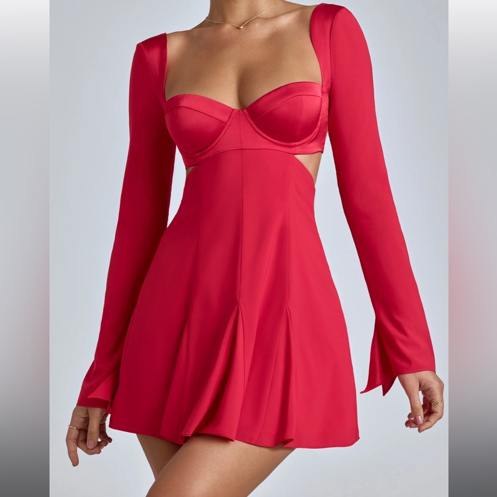 Oh Polly Long Sleeve Godet Mini Dress in Cherry Red